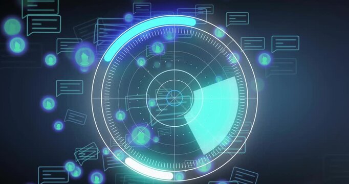 Round scanner over multiple graphs against round scanner and data processing on blue background