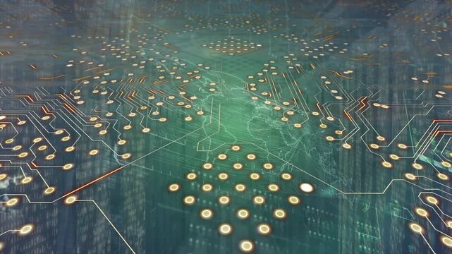 Animation of integrated circuit over world map on green digital screen