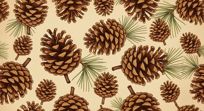 Detailed illustration of pine cones and needles on a textured beige background
