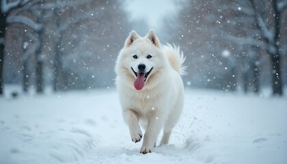 Fototapeta premium Fluffy white samoyed dog runs happily through snowy forest during winter snowfall. Canine has blue eyes, pink tongue, its fur is white and its tail curls up. Dog enjoys cold weather outdoors.