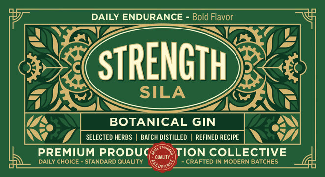 This vector label shows details of a botanical gin product with a focus on quality and flavor