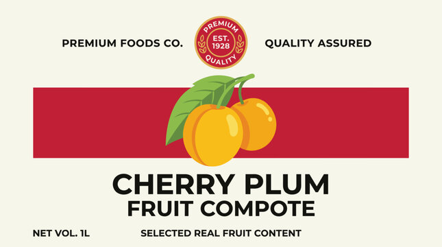Fruit compote label for cherry plum from Premium Foods Co with details on content and quality assurance established in 1928