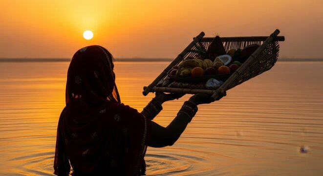 Indian woman performing Chhath Puja ritual standing in river water at sunrise. Devotee holds bamboo basket with fruit offering. Spiritual tradition, religious festival and worship.