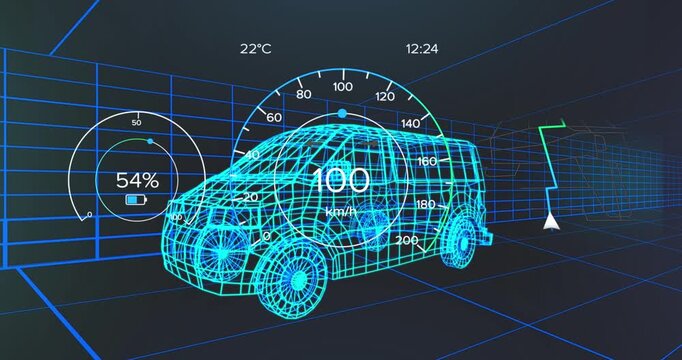 Animation of data processing over digital van on black background