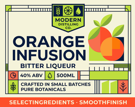 Modern Distilling Co. offers orange infusion bitter liqueur packaging label with details on ABV and volume