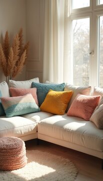 Bright living room features plush sofa with colorful cushions. Pampas grass adds boho touch near window with natural light. Cozy nook invites relaxation and comfort, perfect for home.