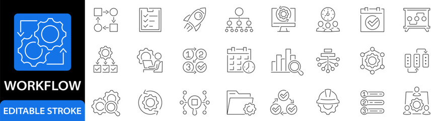 Workflow icon set. Process. Networking. Step. Management. System. Method. Planning. Editable stroke. Vector illustration