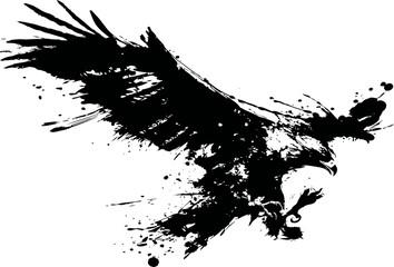 Obraz premium Black ink splash eagle illustration with wings spread wide in dynamic flight pose