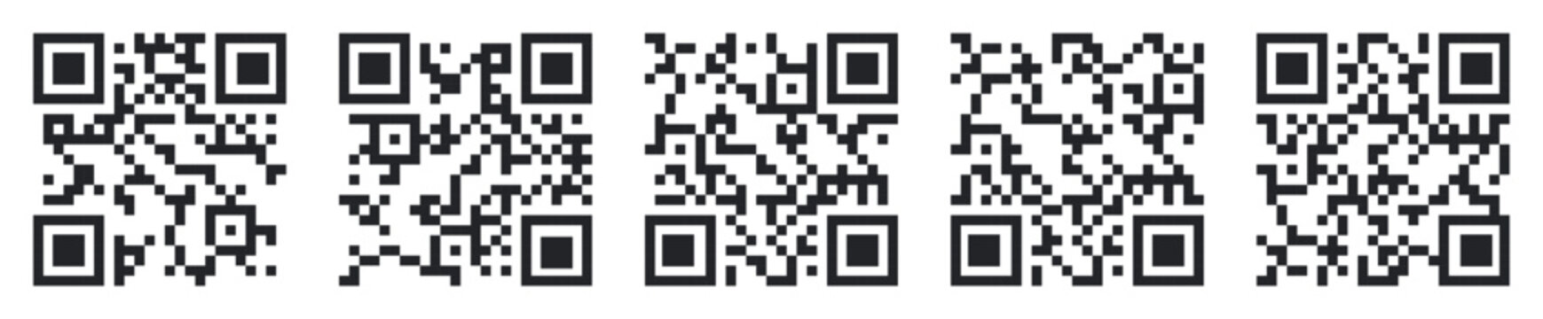 Qr code icons. Black bar codes smartphone scan pictograms, simple Qrcode binary identification system logos, quick response coding concept for mobile app and payment. Vector set