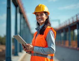 Obraz premium Smiling woman engineer in hard hat and safety vest holds tablet computer on bridge construction site. She works on infrastructure project using tech.
