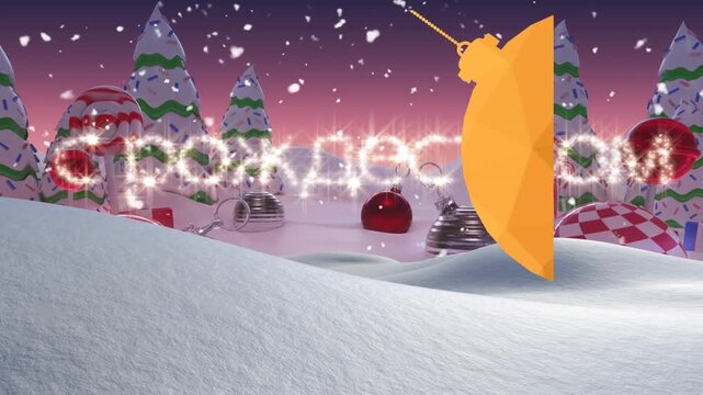 Animation of baubles and snow falling over text and winter landscape