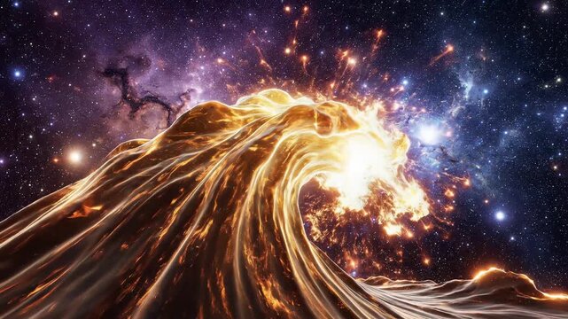 Cosmic golden liquid wave crashing against deep space nebula background abstract fluid motion with glowing light particles and interstellar energy