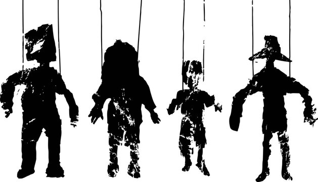 Four black silhouette marionette puppets hanging on strings against white background