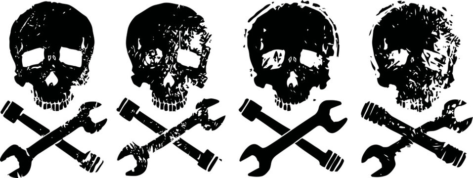 grunge skull and crossed wrench designs, mechanic and repair concept, vintage distressed icons