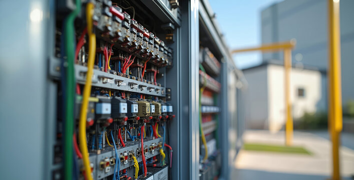 Electrical panel with many colored wires connected to relays and switches. Close-up of industrial power distribution box with visible complex circuitry. Power control system in building exterior.