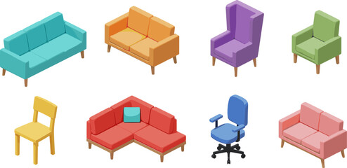 Colorful isometric sofa and chair collection modern furniture set living room interior vector illustration design elements cozy seating