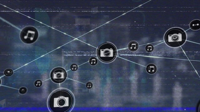 Animation of tv static effect over network of digital icons against statistical data processing