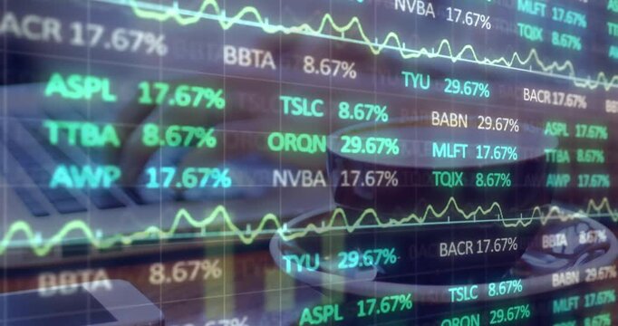 Animation of financial data processing over business people walking in office