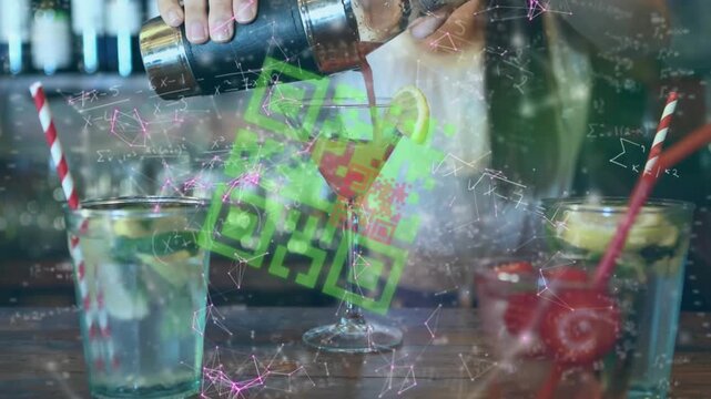 Animation of mathematical equations and neon qr code against bartender pouring cocktail into a glass