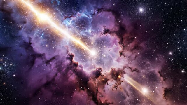 Cosmic nebula explosion with light beam and glowing star clusters in deep space galaxy background cinematic interstellar supernova event with