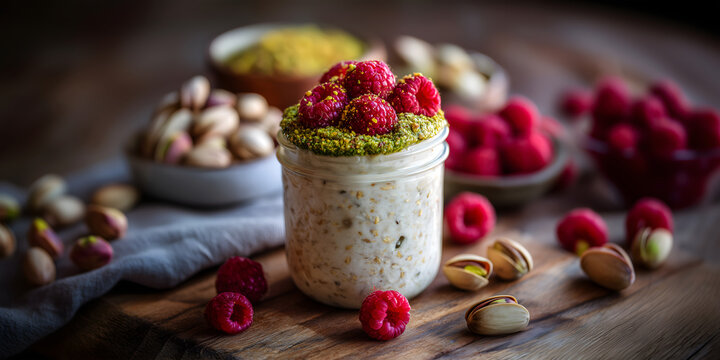 Creative food template. Glass jar of Overnight oats oatmeal  topped with creamy pistachio butter and fresh raspberries on rustic wooden kitchen table. copy text space. 