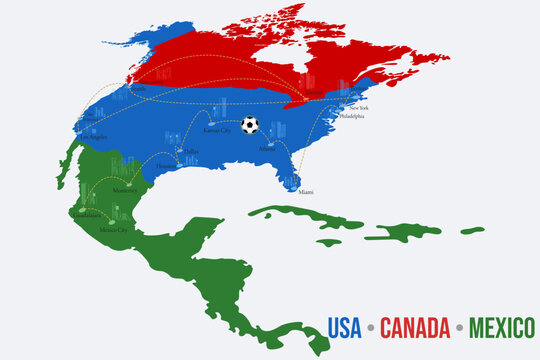 North America map with USA Canada Mexico in flag colors and soccer ball, football tournament concept.