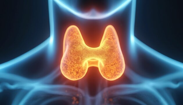 Human thyroid gland anatomy glowing orange against blue X-ray background. Internal organ visualization shows endocrine system structure. Metabolism and health science illustration detail.