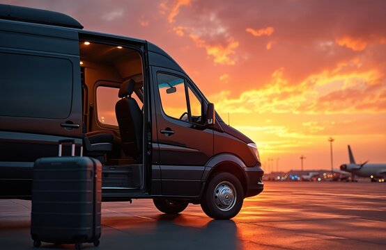 Black van with open door and suitcase waits at airport tarmac. Airplane visible in background during sunset. Luxury transport service for passengers at aerodrome.
