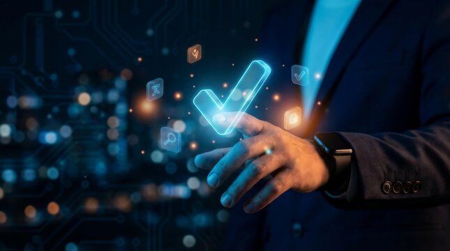 Businessman in suit interacting with glowing blue checkmark in futuristic digital interface with virtual icons and bokeh lights