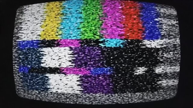 A vintage television screen displays colorful test pattern bars and static noise, evoking a sense of retro technology and signal disruption