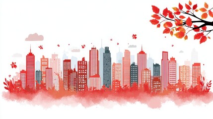 Fototapeta premium Vibrant City Skyline with Autumn Leaves and Colorful Background