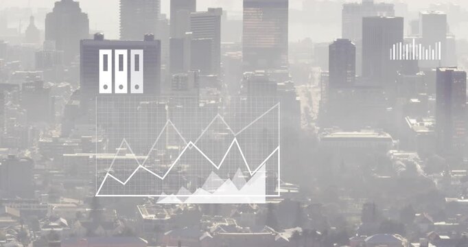Animation of digital icons and data processing against aerial view of cityscape