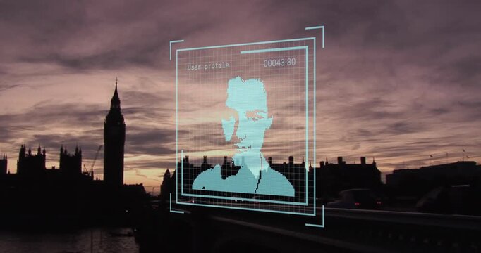 Animation of biometric photo and data processing over london cityscape