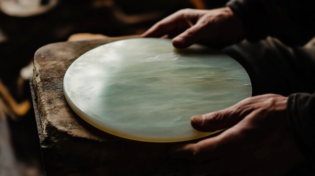 lapidary. An artisan carefully polishes a piece of jade on an oilstone in a workshop setting. safety posters, maintenance manuals, designed for precision metalworking and fabrication facilities.