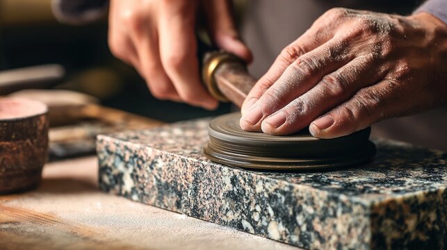 lapidary. An artisan carefully polishes a piece of jade on an oilstone in a workshop setting. safety posters, maintenance manuals, designed for precision metalworking and fabrication facilities.