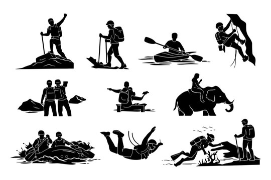 Adventure silhouettes: hiking, kayaking, climbing, scuba, skydiving, elephant ride.