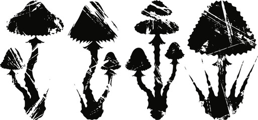 Obraz premium Black ink mushrooms silhouettes set abstract artistic fungi shapes with textured grunge nature elements art collection