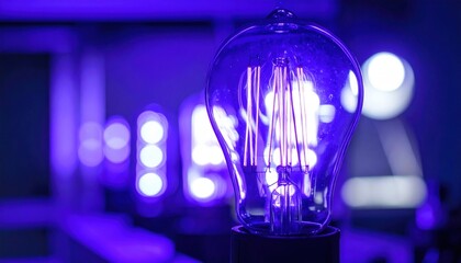A modern Edison-style argon gas-filled light bulb, showcasing its intricate filaments and emitting a captivating violet glow in a blurred, ambient setting.