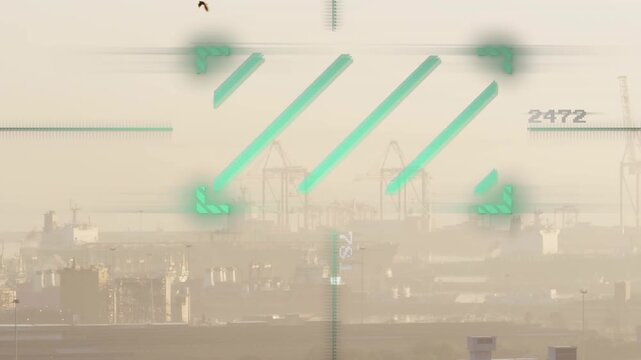 Animation of green scanner against aerial view of cityscape