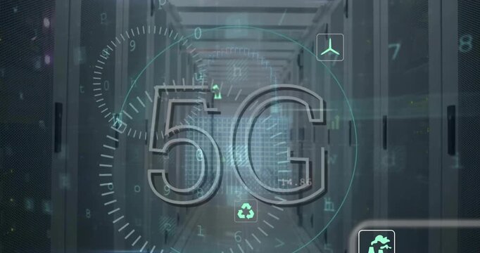 Animation of 5g text, eco icons and data processing over computer servers