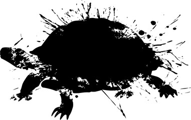 Obraz premium Silhouette of a turtle with abstract black ink splashes on white background, artistic wildlife design