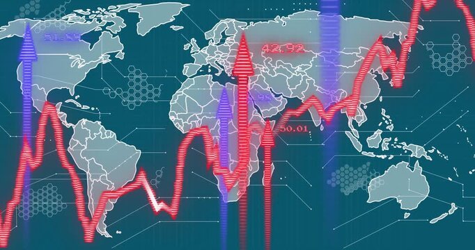 Animation of red graph with upward blue and red arrows over world map