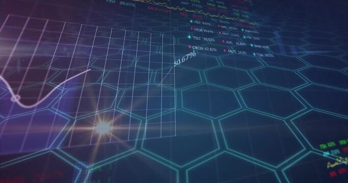 Animation of financial data processing over network of hexagons