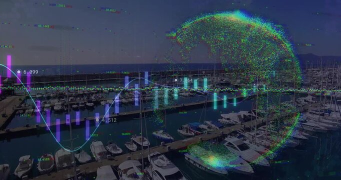 Animation of financial data processing over sea port and globe