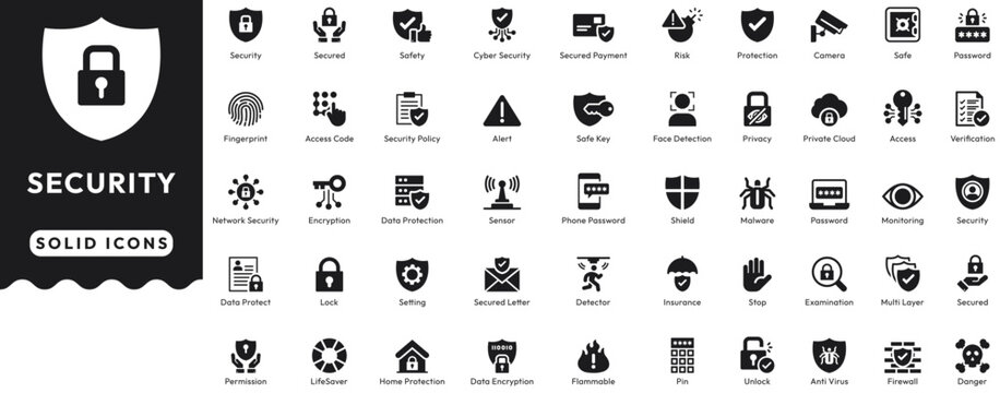 Security solid icon set cover secured, safety, cyber security, payment, risk, protection, camera, safe, password, fingerprint, access code, policy, alert, key. Professional vector illustration set