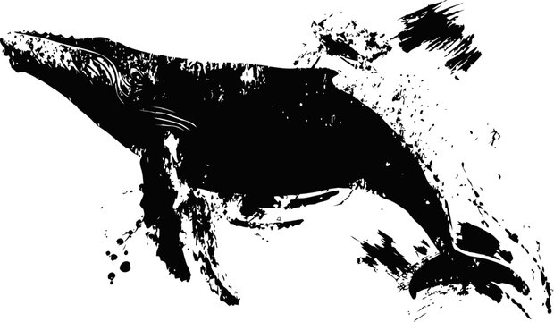 Black whale silhouette with ink splash effect, ocean mammal artistic illustration, sea creature design