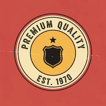 Circular premium quality badge emblem with seal and stars on orange background.