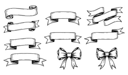 A collection of 10 hand drawn ribbon banners and bows for decoration and design © MdMursalin