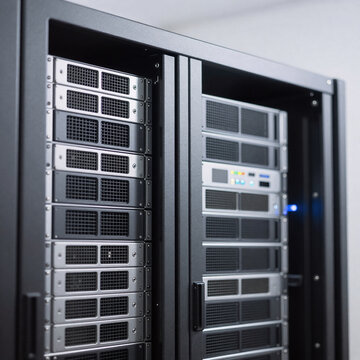 Holographic Server Admin. Server Rack Icon Representing A Stylized, Technical Illustration Of Server Components And Hardware