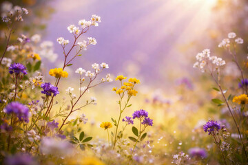 Fototapeta premium Summer wildflower meadow with limonium gypsophila and yellow daisies in sunlight for floral background design